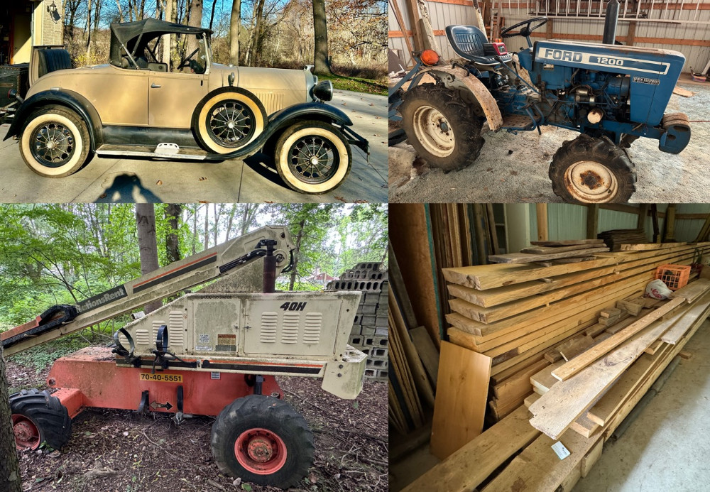 Ford Model A, Backhoe, Dozer, Dump Truck, Equipment, Tools, Lumber